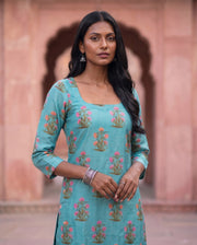 Turquoise Mughal Floral Kurta 1