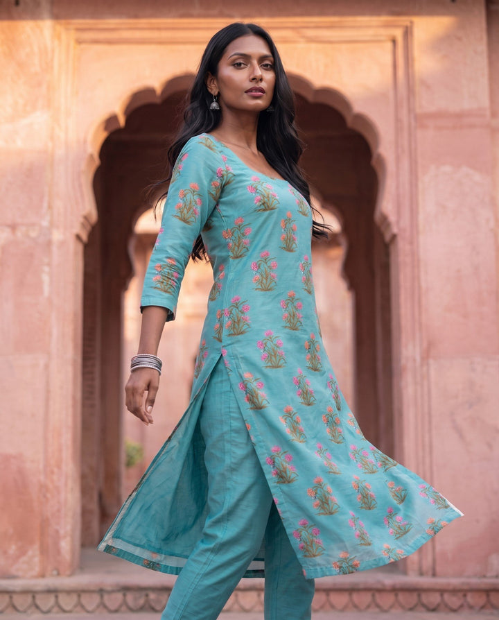 Turquoise Mughal Floral Kurta – styled look