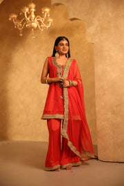 Mikka Red Sleeveless Chanderi Mirror Work Kurta Set With Chiffon Dupatta - view 3