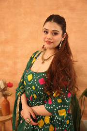 Tanya Green Bandhani Anarkali Set With Embroidered Doriya Dupatta - view 4
