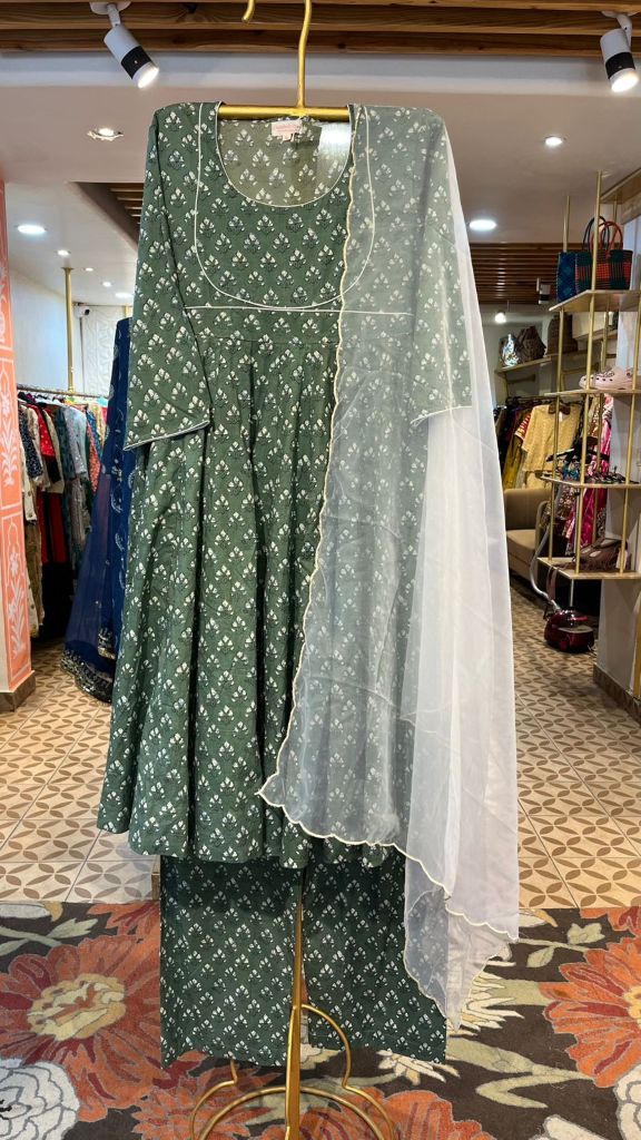 Neckline Green Anarkali set