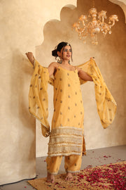 Hunar Mango Gota Lace Georgette Straight Kurta Set With Dupatta - view 4