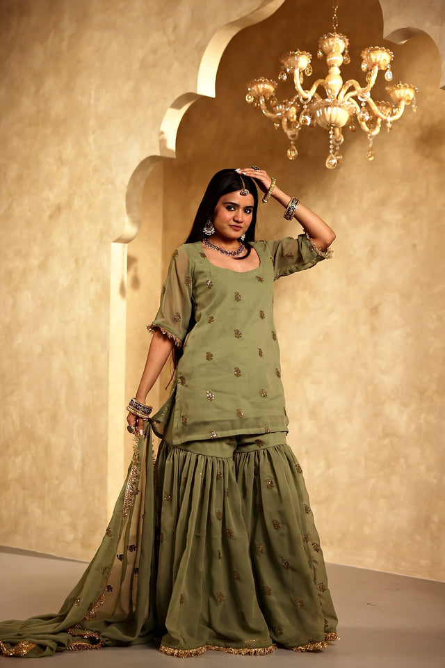 Saqi Olive Georgette Embroidered Sharara Set With Dupatta - Deedar-e-Mehfil collection by Gulabo Jaipur