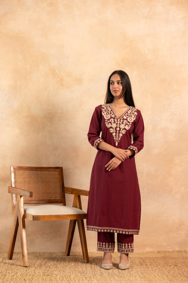 Roshni Wine Pure Cotton Co-ord Set