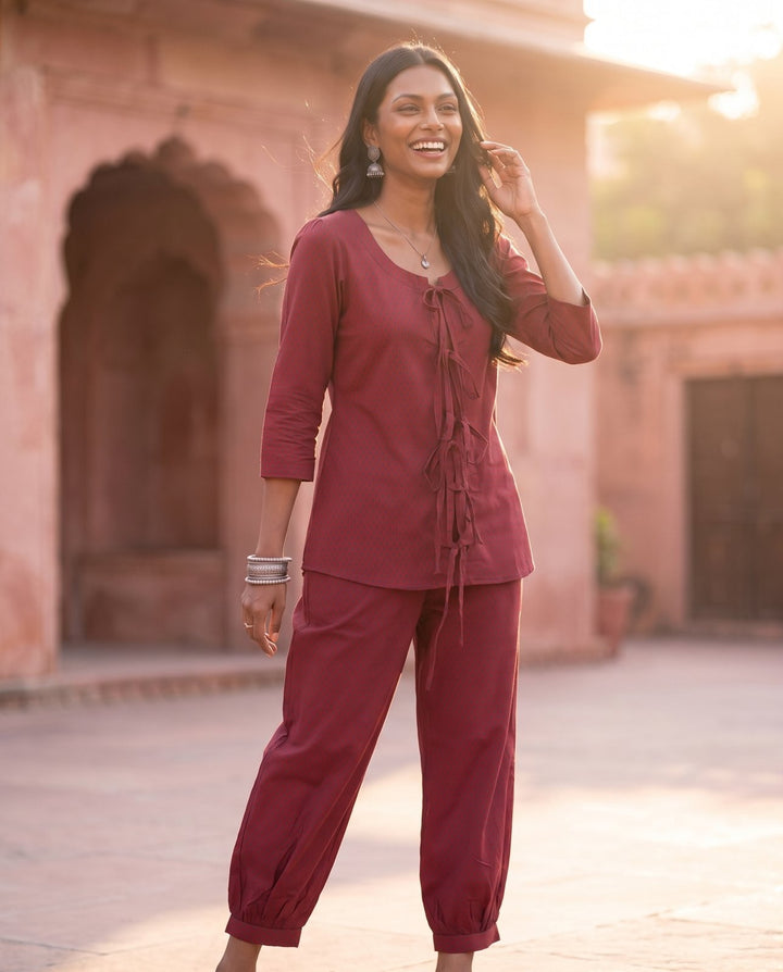 Wine Tie-Front Co-ord Set – styled look