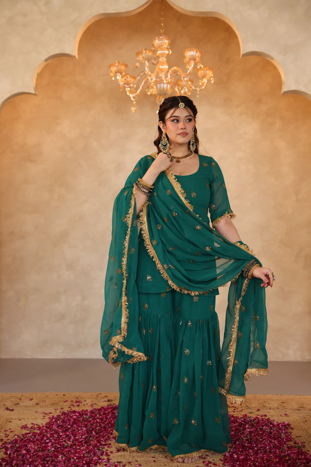 Saqi Emerald Green Georgette Embroidered Sharara Set With Dupatta - view 2