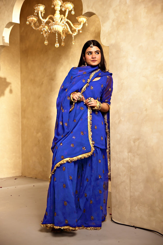 Saqi Electric Blue Georgette Embroidered Sharara Set With Dupatta - Deedar-e-Mehfil collection by Gulabo Jaipur