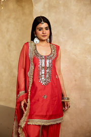 Mikka Red Sleeveless Chanderi Mirror Work Kurta Set With Chiffon Dupatta - view 5