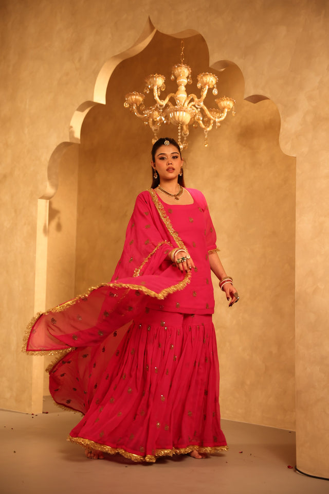 Saqi Pink Georgette Embroidered Sharara Set With Dupatta - Deedar-e-Mehfil collection by Gulabo Jaipur