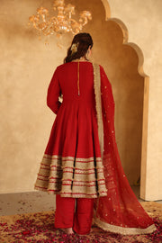 Raza Red Raw Silk Gota Lace Anarkali Set With Organza Dupatta - view 4