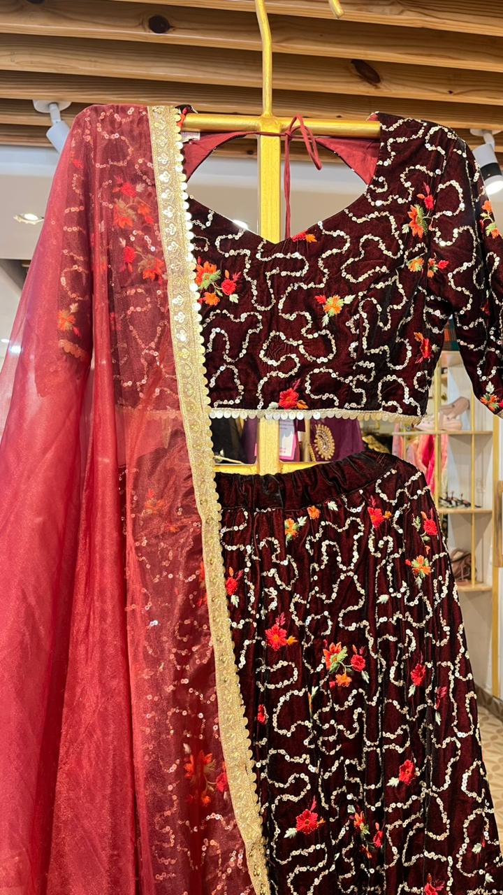 RUHAAN MAROON VELVET LEHENGA SET Gulabo Jaipur