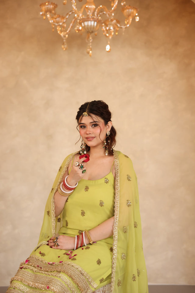 Hunar Lime Green Gota Lace Georgette Straight Kurta Set With Dupatta - view 2