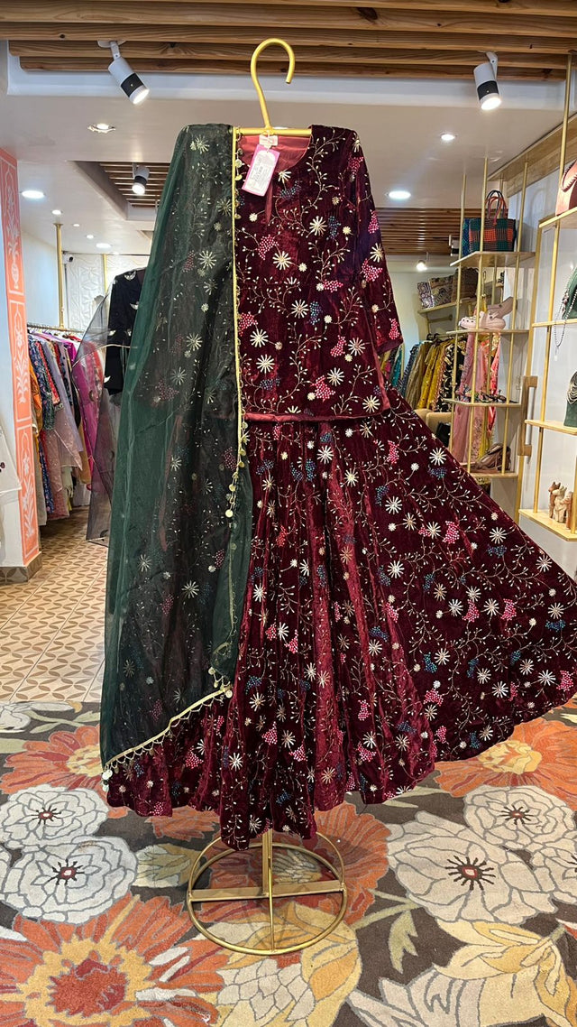 REEM MAROON VELVET LEHENGA SET