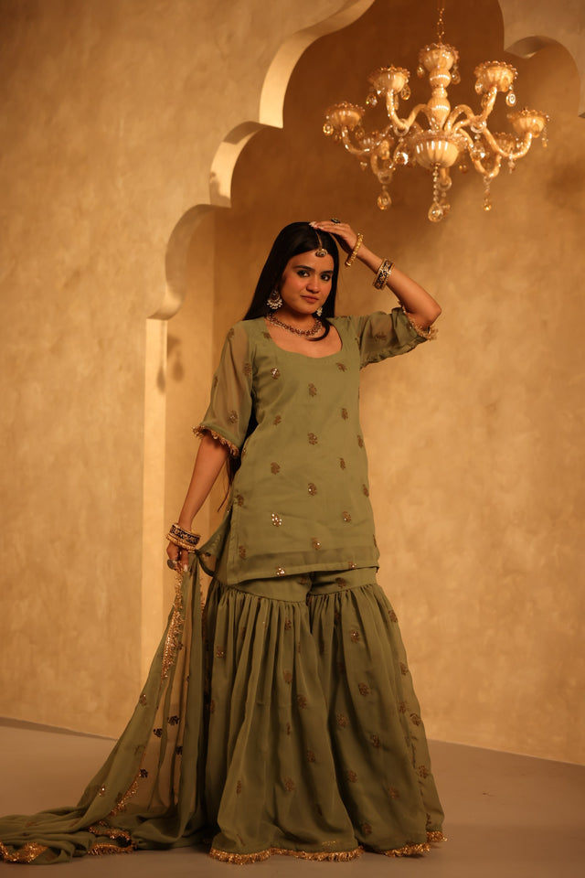 Saqi Olive Georgette Embroidered Sharara Set With Dupatta - Deedar-e-Mehfil collection by Gulabo Jaipur