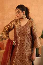 Abeer Brown Brocade Kiran Lace Straight Kurta Set With Organza Dupatta - view 3