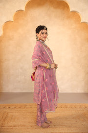 Parvez Pink Hand Block Print Gota Work Kurta Set With Organza Dupatta - view 3
