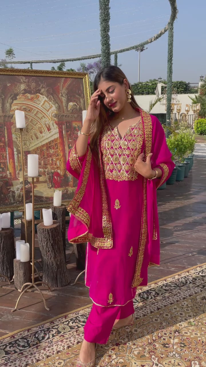 Georgette Shiza Pink Straight Kurta Set With Dupatta