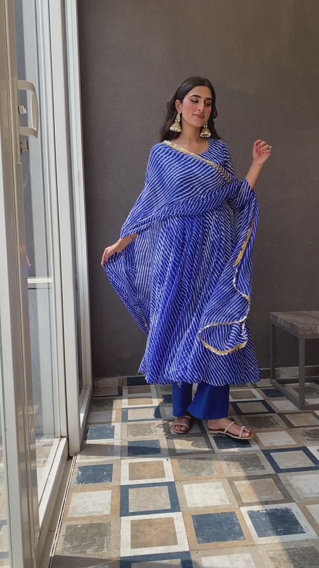 Georgette Rang Blue Leheriya Anarkali Set With Dupatta