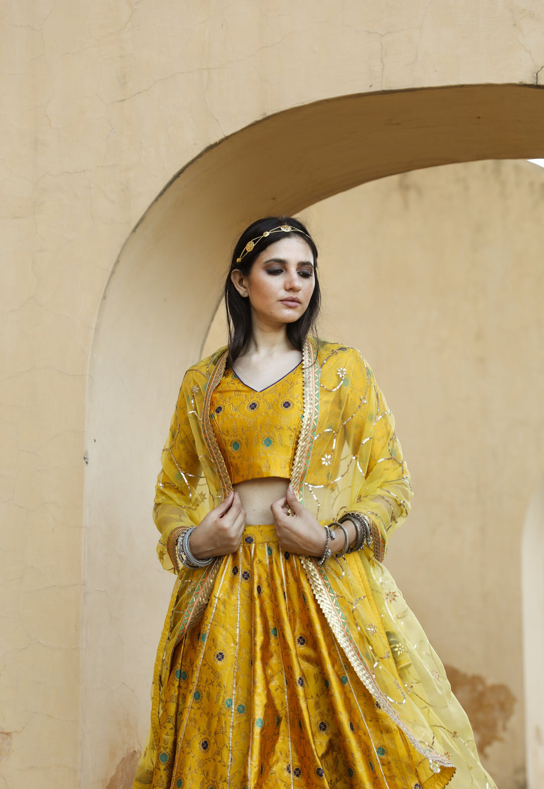 FLORAL BROCADE AISHA YELLOW LEHENGA SET WITH ORGANZA DUPATTA