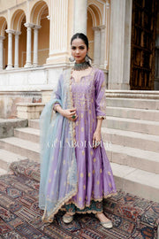 Gota Patti Afri Set With Block Printed Pants Anarkali Set And Organza Dupatta Purple 2