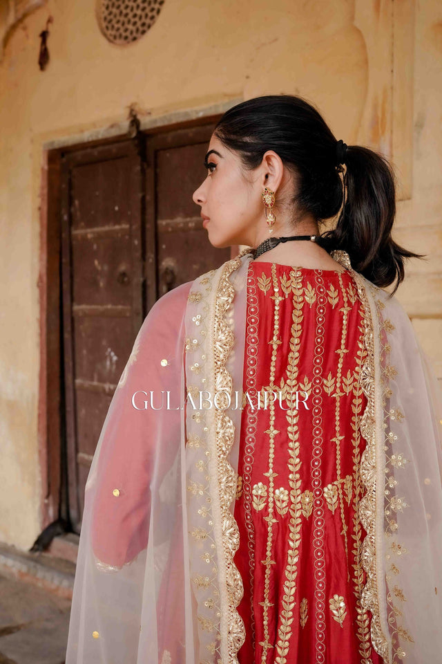 Gota Patti Afri Set With Block Printed Pants Anarkali Set And Organza Dupatta
