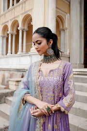 Gota Patti Afri Set With Block Printed Pants Anarkali Set And Organza Dupatta Purple 1