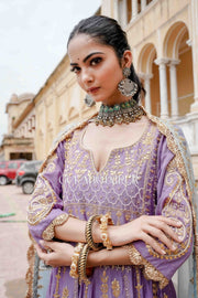 Gota Patti Afri Set With Block Printed Pants Anarkali Set And Organza Dupatta Purple 5