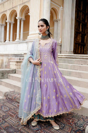 Gota Patti Afri Set With Block Printed Pants Anarkali Set And Organza Dupatta Purple 3