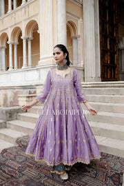 Gota Patti Afri Set With Block Printed Pants Anarkali Set And Organza Dupatta Purple 4