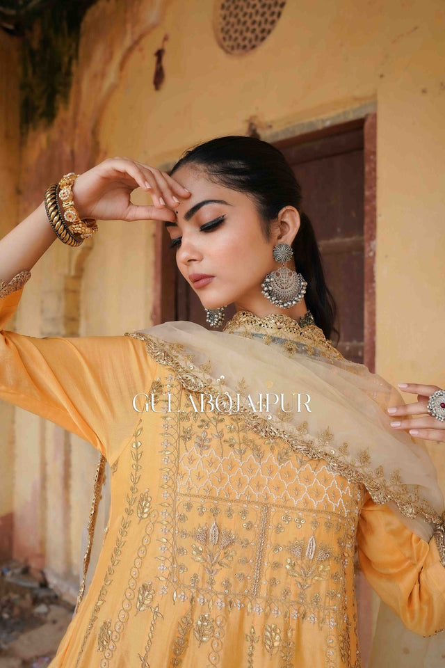 Gota Patti Afri Anarkali Set With Block Printed Pants And Organza Dupatta