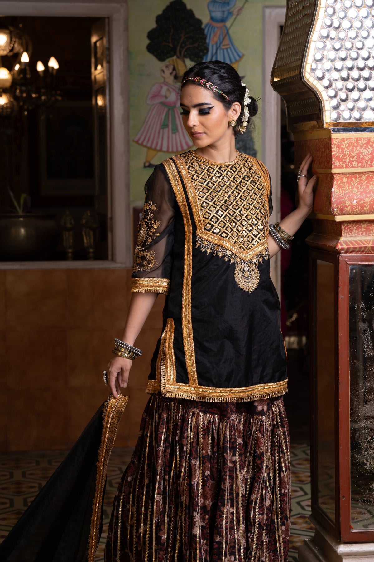 Gota And Zari Asmaan Black Cotton Sharara Set  With Organza Dupatta