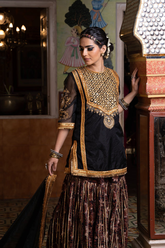 Gota And Zari Asmaan Black Cotton Sharara Set  With Organza Dupatta