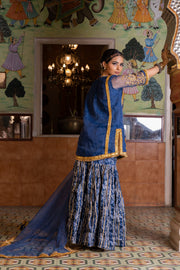 Gota And Zari Asmaan Blue Cotton Sharara Set  With Organza Dupatta 4