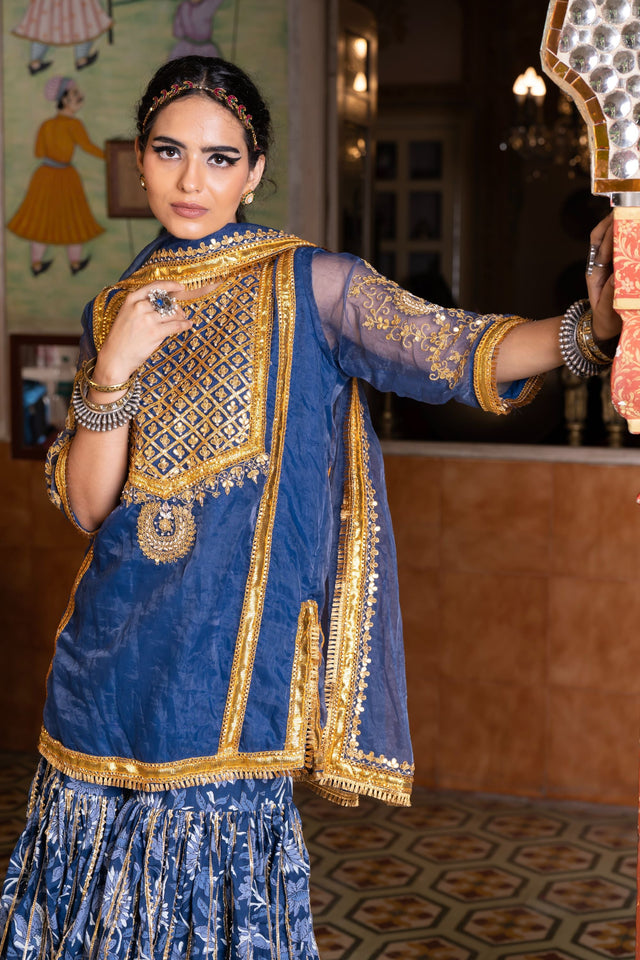 Gota And Zari Asmaan Blue Cotton Sharara Set  With Organza Dupatta