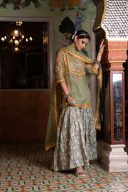 Gota And Zari Asmaan Green Cotton Sharara Set With Organza Dupatta 5