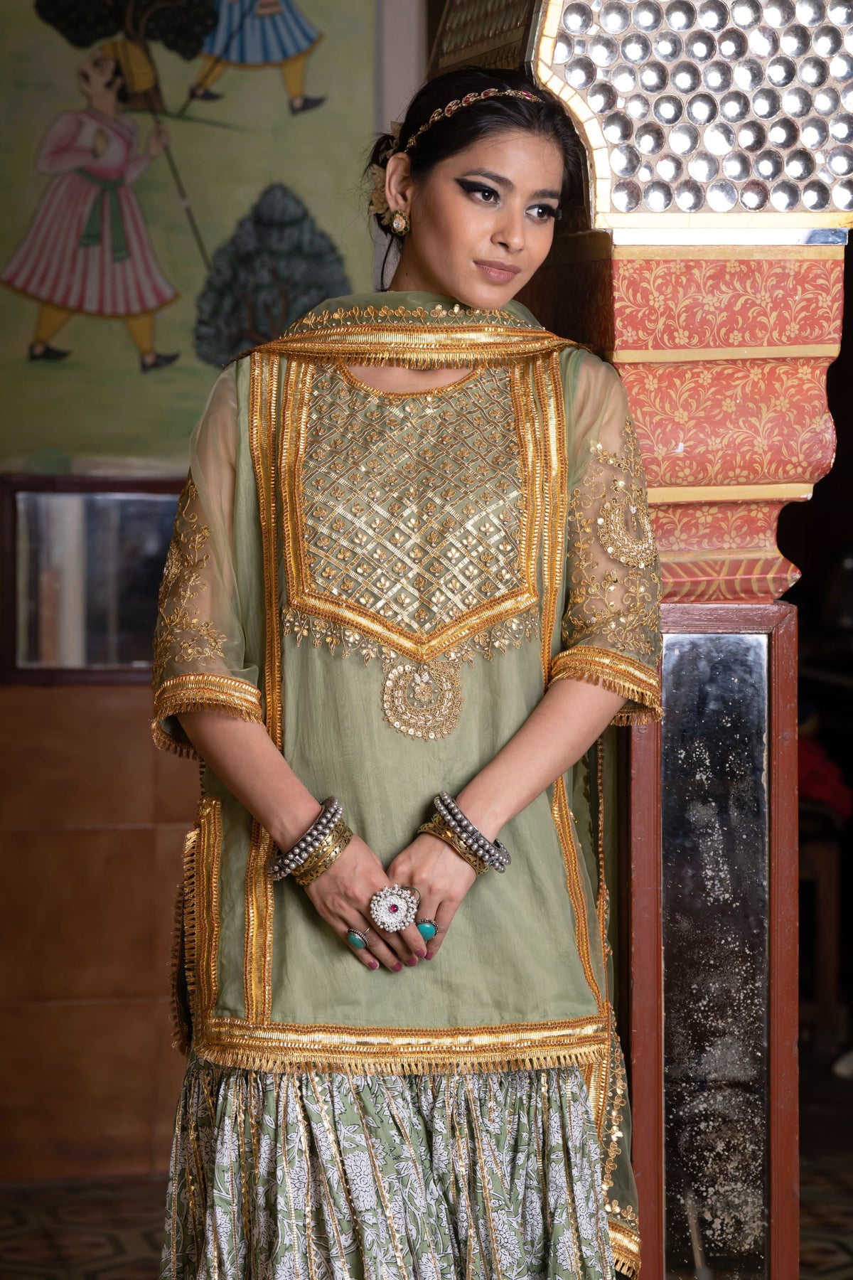 Gota And Zari Asmaan Green Cotton Sharara Set With Organza Dupatta