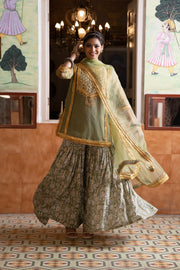 Gota And Zari Asmaan Green Cotton Sharara Set With Organza Dupatta 4