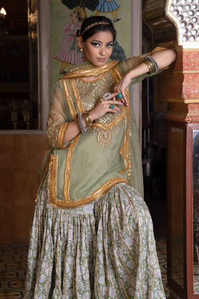 Gota And Zari Asmaan Green Cotton Sharara Set With Organza Dupatta