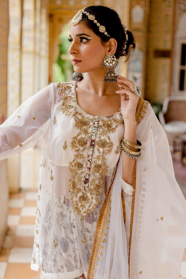 Atefa White Zardozi Organza Kurta Cotton Sharara Set With Organza Dupatta
