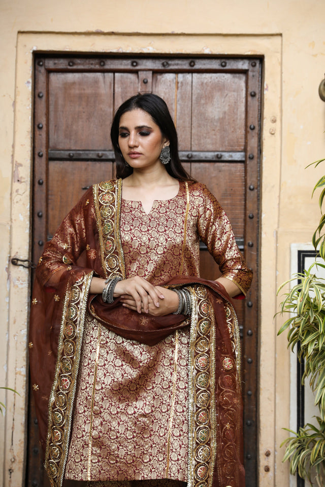 Abeer Brown Straight Kurta Set With Narrow Pant And Organza Dupatta