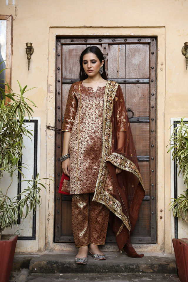 Abeer Brown Straight Kurta Set With Narrow Pant And Organza Dupatta