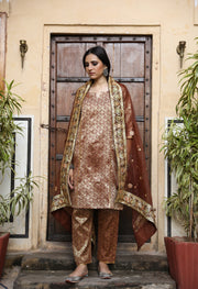 Abeer Brown Straight Kurta Set With Narrow Pant And Organza Dupatta 1