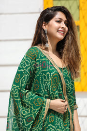 Bhandhani Georgette Adab Green Straight Kurta Set With Dupatta 4