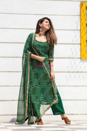 Bhandhani Georgette Adab Green Straight Kurta Set With Dupatta 3