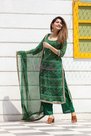 Bhandhani Georgette Adab Green Straight Kurta Set With Dupatta 1