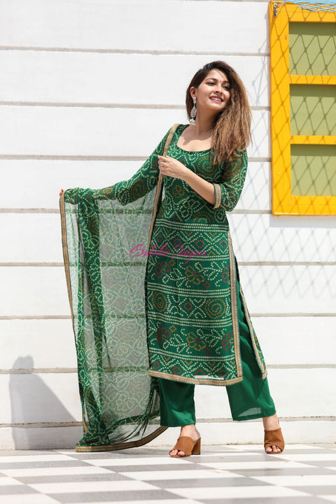 Bhandhani Georgette Adab Green Straight Kurta Set With Dupatta