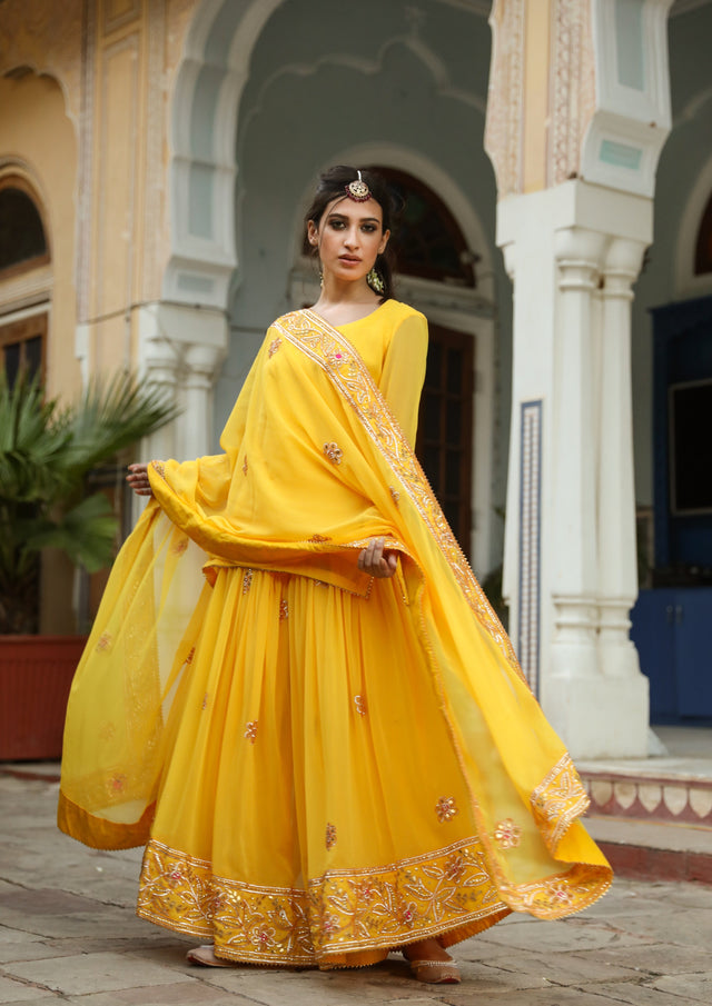 Taari And Gotta Work Georgetter Afroz Yellow Sharara Set