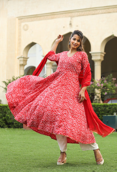 Baruni Red Cotton Anarkali Set With Chiffon Dupatta