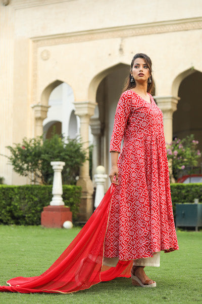 Baruni Red Cotton Anarkali Set With Chiffon Dupatta