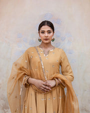 Gold Chand Patti Chandni Beige Muslin Anarkali Set With Organza Dupatta 7